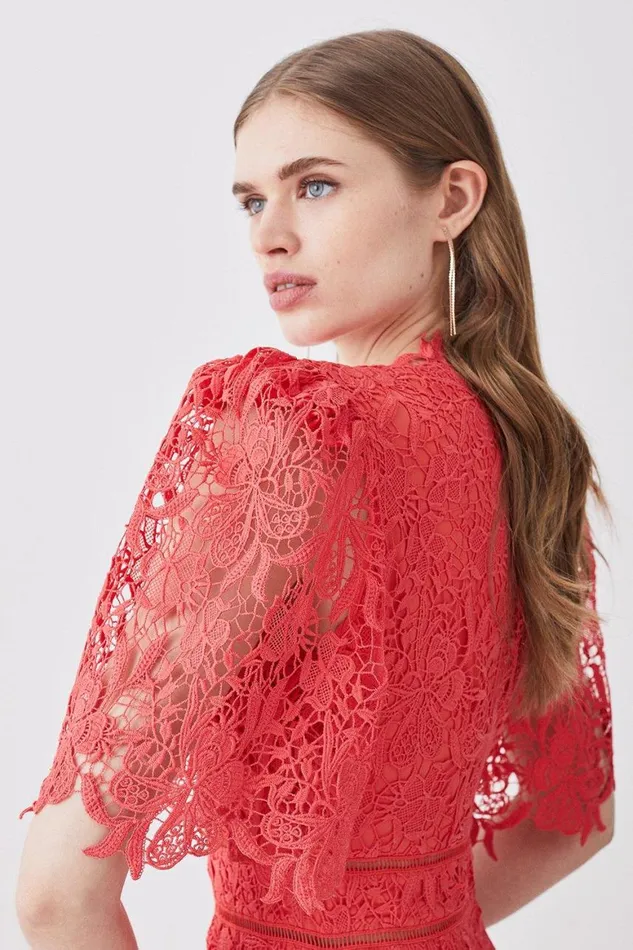 Dresses Women Karen Millen Guipure Lace Flute Sleeved Woven Maxi Dress Coral