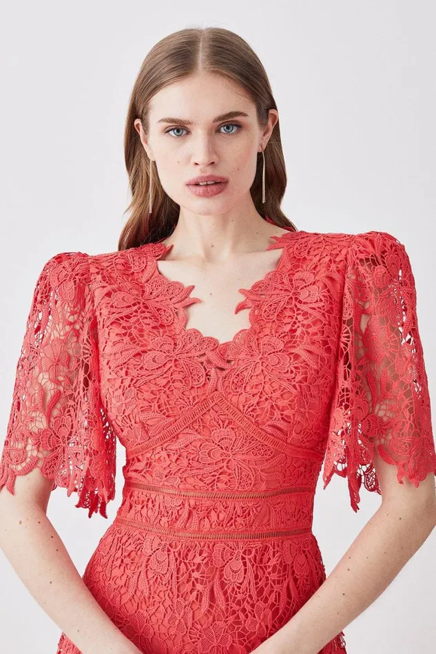 Dresses Women Karen Millen Guipure Lace Flute Sleeved Woven Maxi Dress Coral