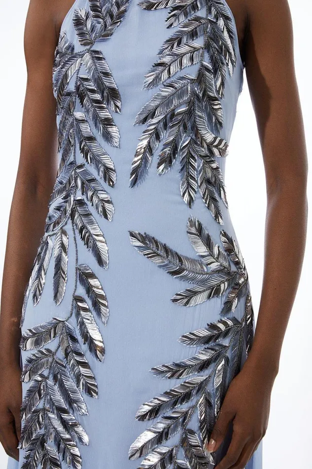 Dresses Women Karen Millen Halter Neck Feather Sequin Detail Woven Maxi Dress Blue