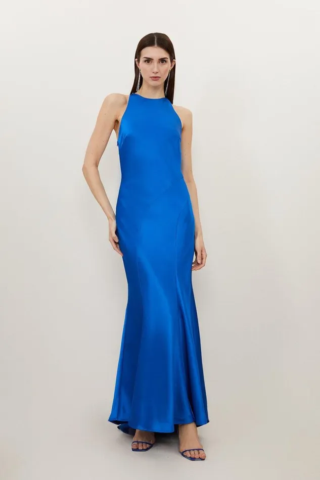 Dresses Women Karen Millen Heavy Satin Diamante Detail Halter Maxi Dress Cobalt