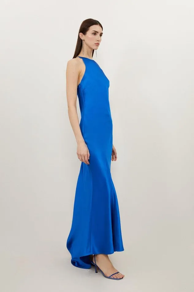 Dresses Women Karen Millen Heavy Satin Diamante Detail Halter Maxi Dress Cobalt