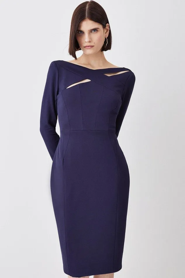 Dresses Women Karen Millen Italian Structured Rib Cross Over Tailored Pencil Midi Dress Navy