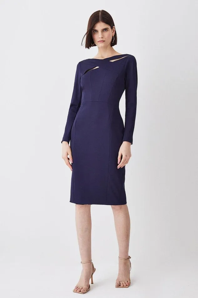 Dresses Women Karen Millen Italian Structured Rib Cross Over Tailored Pencil Midi Dress Navy