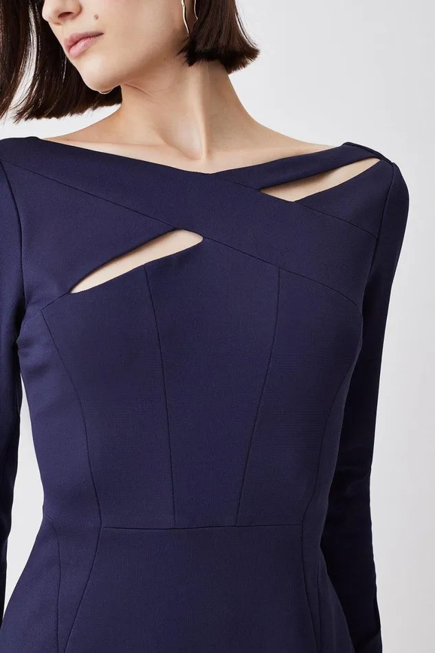 Dresses Women Karen Millen Italian Structured Rib Cross Over Tailored Pencil Midi Dress Navy