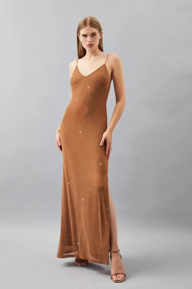 Dresses Women Karen Millen Jersey Embellished Sleeveless Maxi Dress Gold
