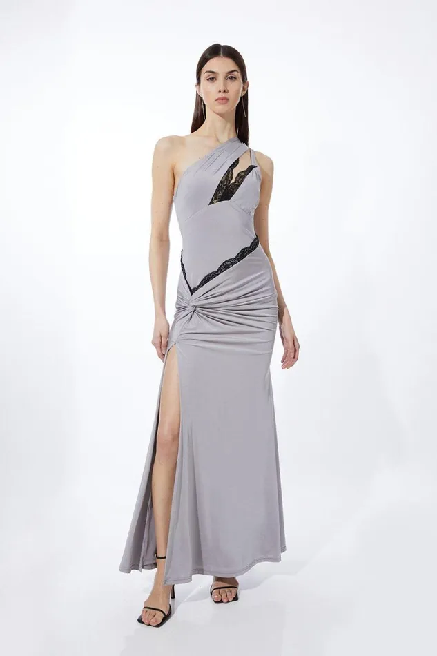 Dresses Women Karen Millen Lace Trim One Shoulder Jersey Maxi Dress Silver