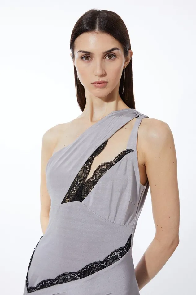 Dresses Women Karen Millen Lace Trim One Shoulder Jersey Maxi Dress Silver