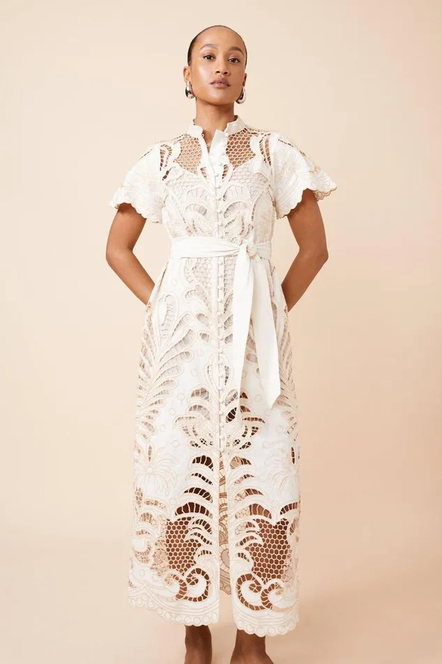 Dresses Women Karen Millen Linen Cutwork Embroidery Woven Midi Dress Neutral