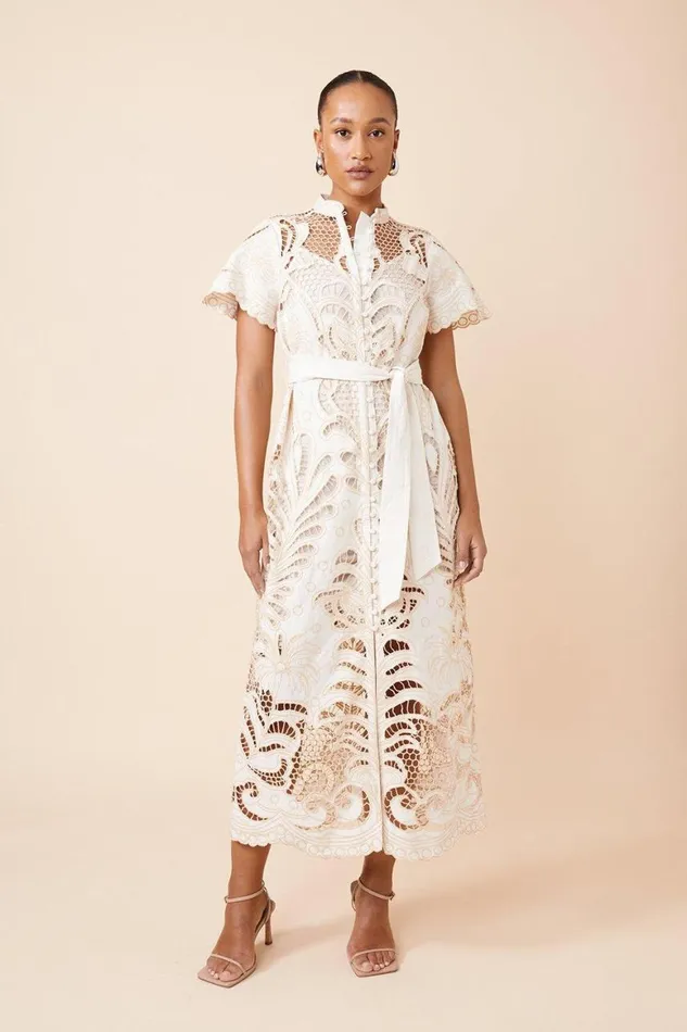 Dresses Women Karen Millen Linen Cutwork Embroidery Woven Midi Dress Neutral