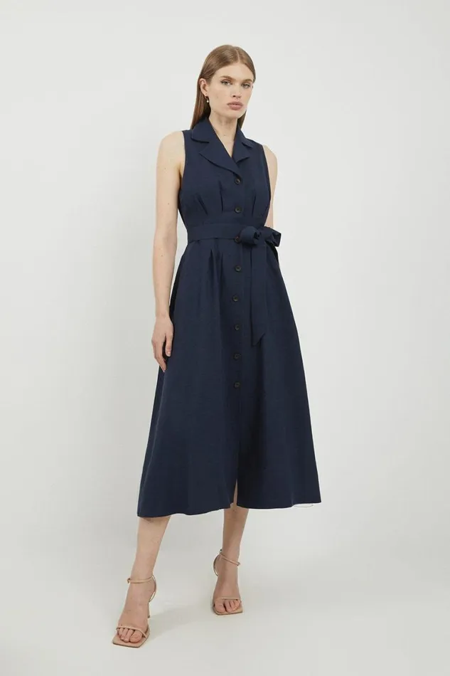 Dresses Women Karen Millen Lydia Millen Premium Linen Tailored Belted Sleeveless Midaxi Shirt Dress Navy