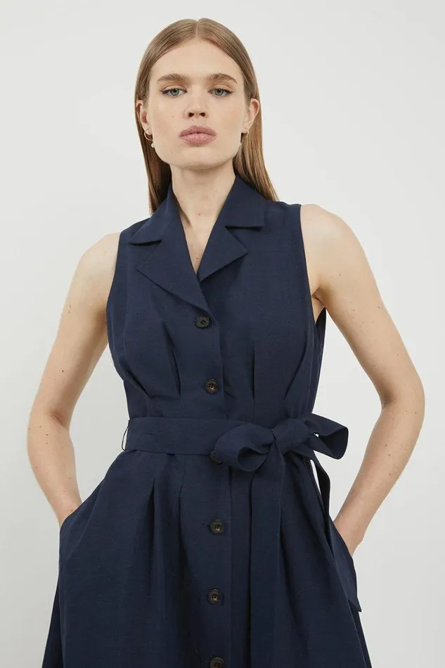 Dresses Women Karen Millen Lydia Millen Premium Linen Tailored Belted Sleeveless Midaxi Shirt Dress Navy