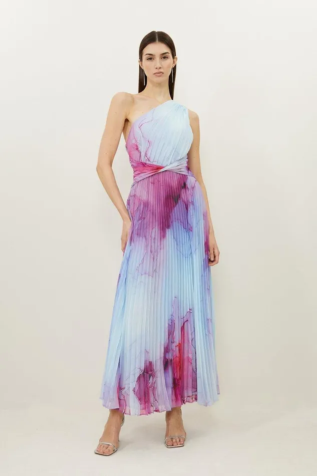 Dresses Women Karen Millen Marble Printed Soft Pleated One Shoulder Midaxi Dress Pink