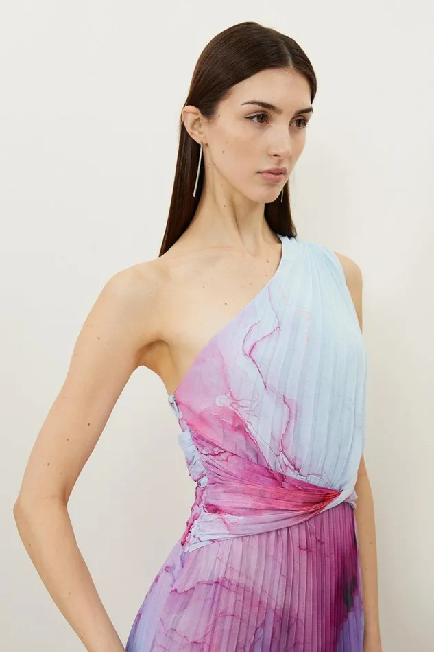 Dresses Women Karen Millen Marble Printed Soft Pleated One Shoulder Midaxi Dress Pink