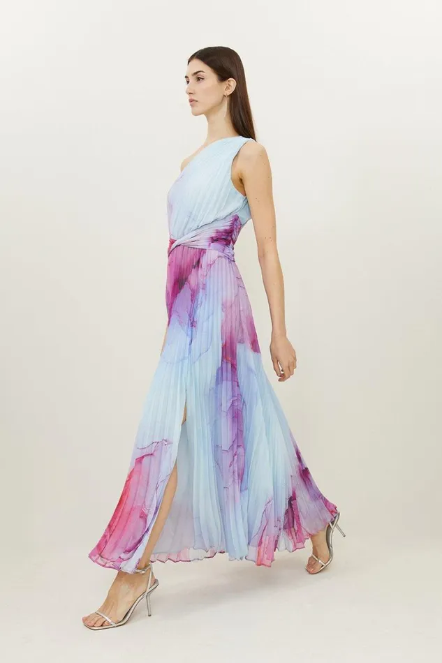 Dresses Women Karen Millen Marble Printed Soft Pleated One Shoulder Midaxi Dress Pink