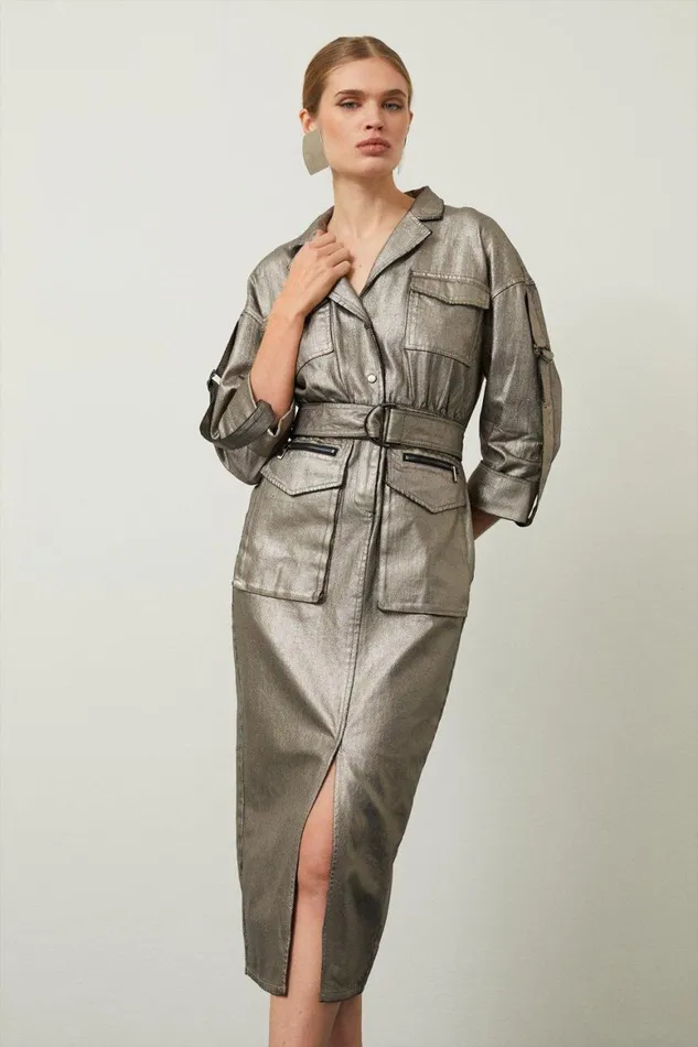 Dresses Women Karen Millen Metallic Denim Woven Midi Shirt Dress Pewter