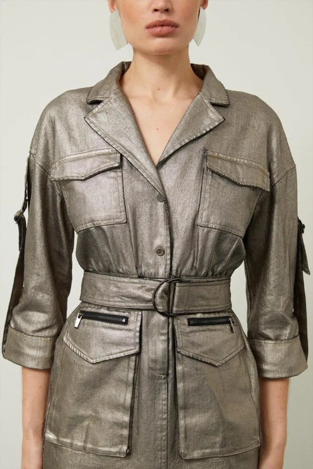 Dresses Women Karen Millen Metallic Denim Woven Midi Shirt Dress Pewter