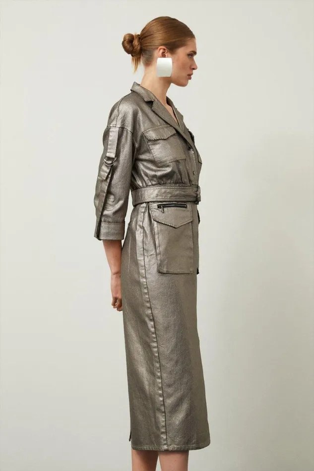 Dresses Women Karen Millen Metallic Denim Woven Midi Shirt Dress Pewter