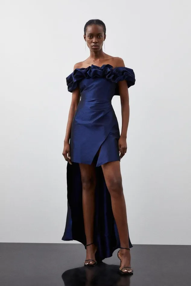 Dresses Women Karen Millen Metallic Off Shoulder High Low Tailored Mini Dress Blue