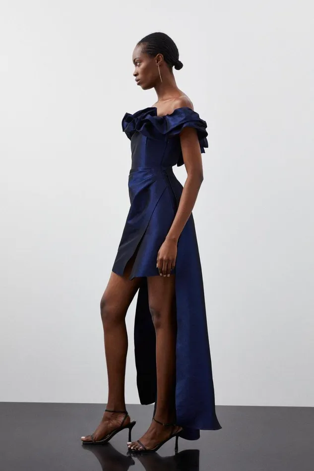Dresses Women Karen Millen Metallic Off Shoulder High Low Tailored Mini Dress Blue