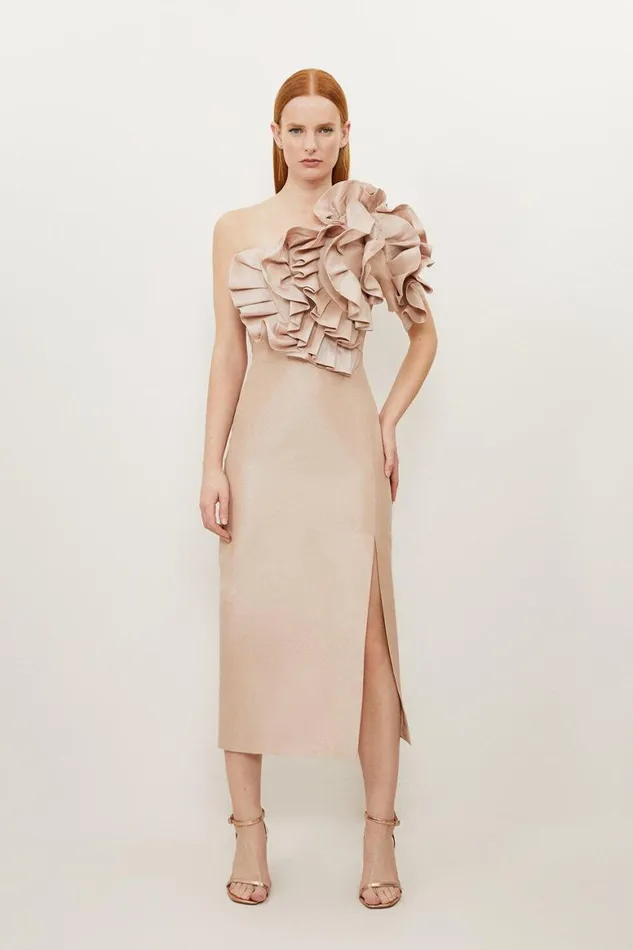 Dresses Women Karen Millen Metallic Taffeta Rosette Maxi Bardot Dress Champagne