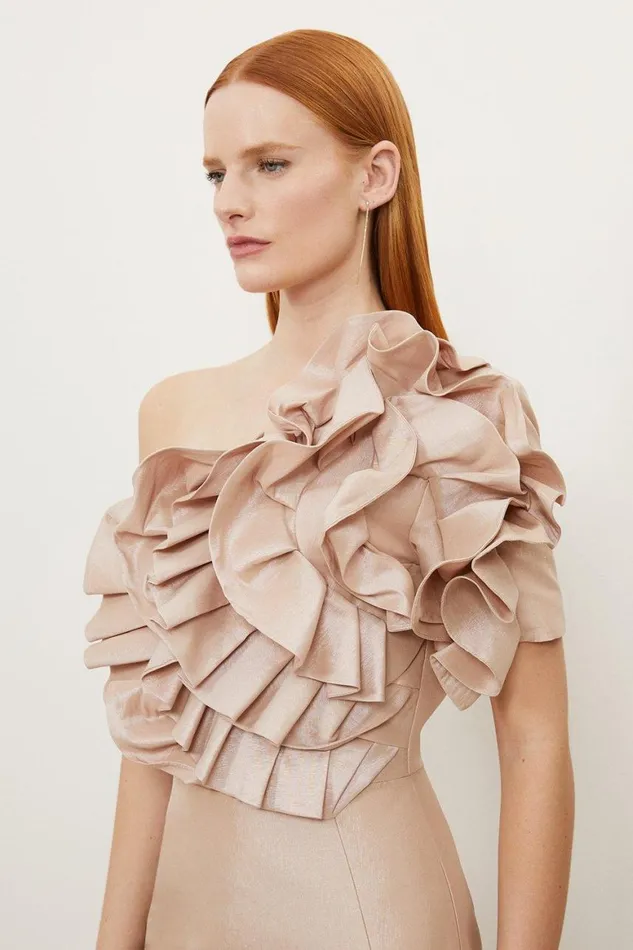 Dresses Women Karen Millen Metallic Taffeta Rosette Maxi Bardot Dress Champagne