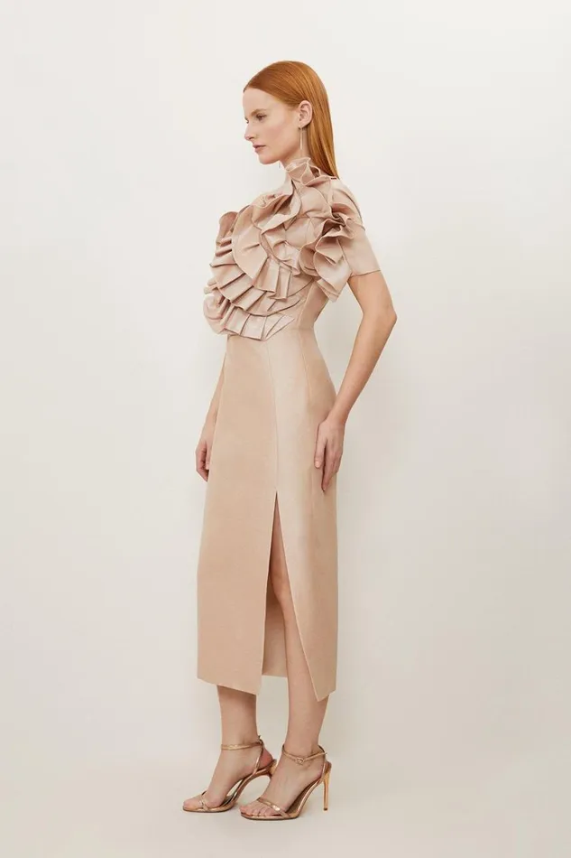 Dresses Women Karen Millen Metallic Taffeta Rosette Maxi Bardot Dress Champagne