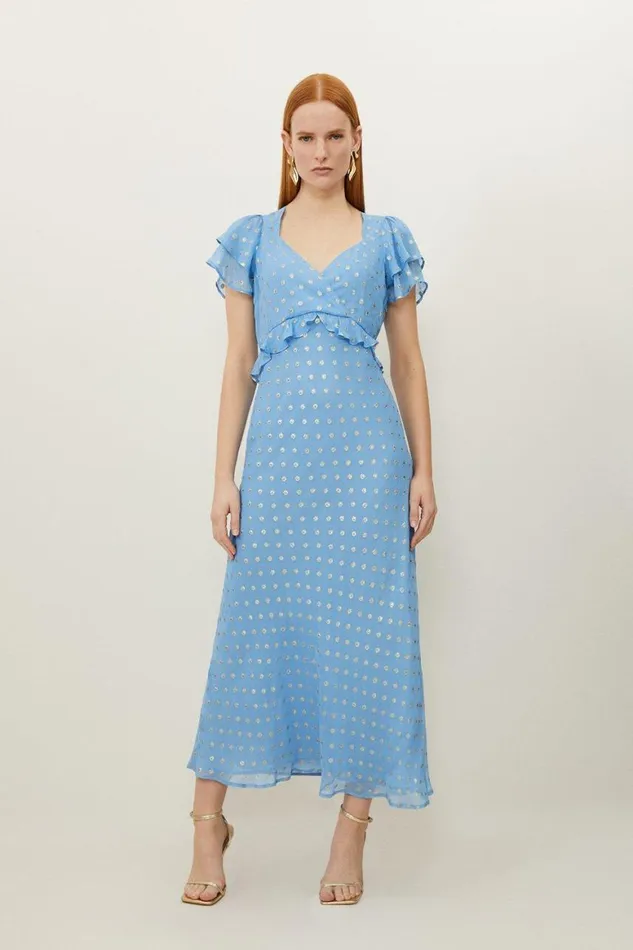 Dresses Women Karen Millen Metallic Viscose Georgette Angel Sleeve Maxi Dress Blue