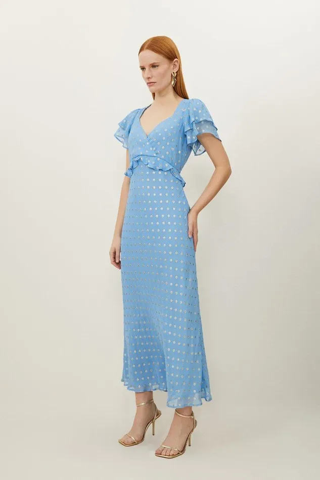 Dresses Women Karen Millen Metallic Viscose Georgette Angel Sleeve Maxi Dress Blue
