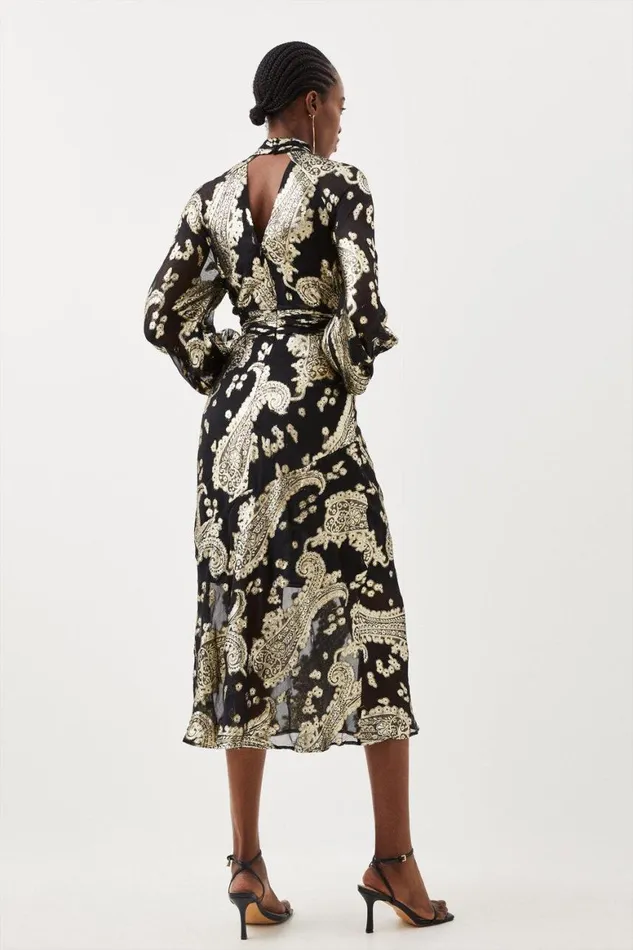 Dresses Women Karen Millen Metallic Viscose Georgette Woven Maxi Dress Black