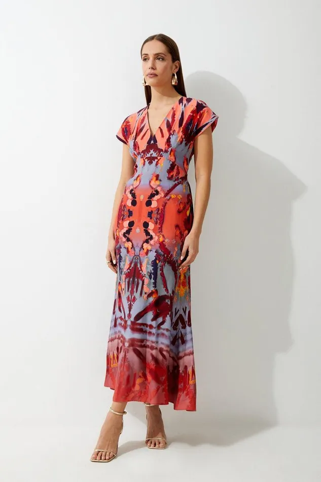 Dresses Women Karen Millen Mirrored Print Satin Crepe Angel Sleeve Woven Maxi Dress Multi