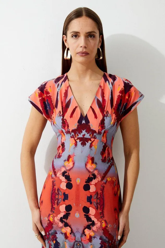 Dresses Women Karen Millen Mirrored Print Satin Crepe Angel Sleeve Woven Maxi Dress Multi