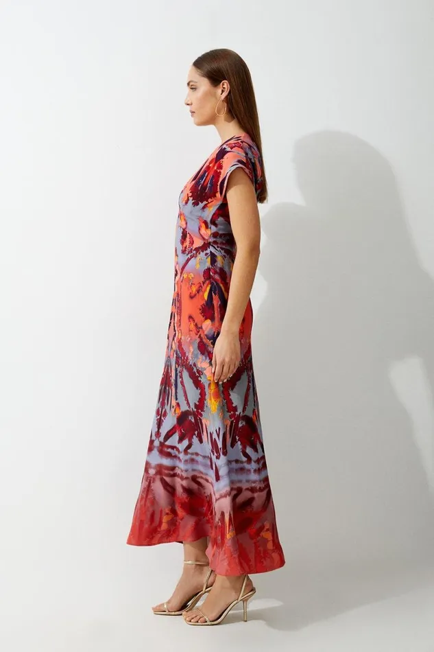 Dresses Women Karen Millen Mirrored Print Satin Crepe Angel Sleeve Woven Maxi Dress Multi