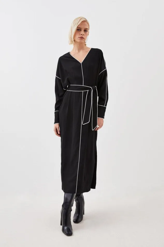 Dresses Women Karen Millen Mono Satin Back Woven Crepe Contrast Piping Maxi Dress Black
