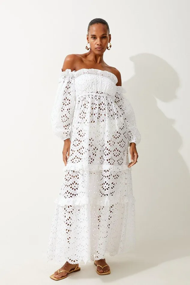 Dresses Women Karen Millen Off Shoulder Broderie Maxi Beach Woven Dress White