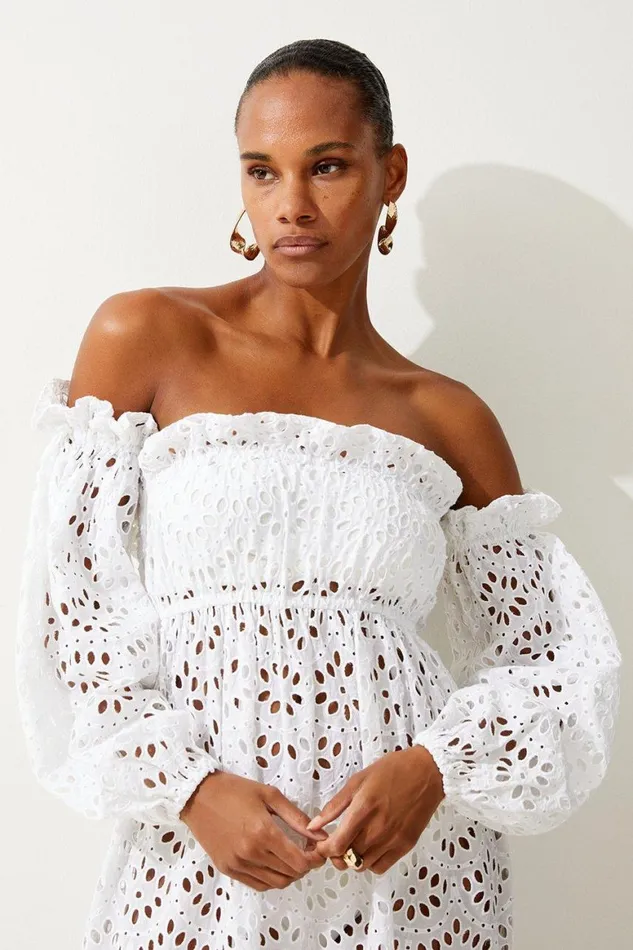 Dresses Women Karen Millen Off Shoulder Broderie Maxi Beach Woven Dress White