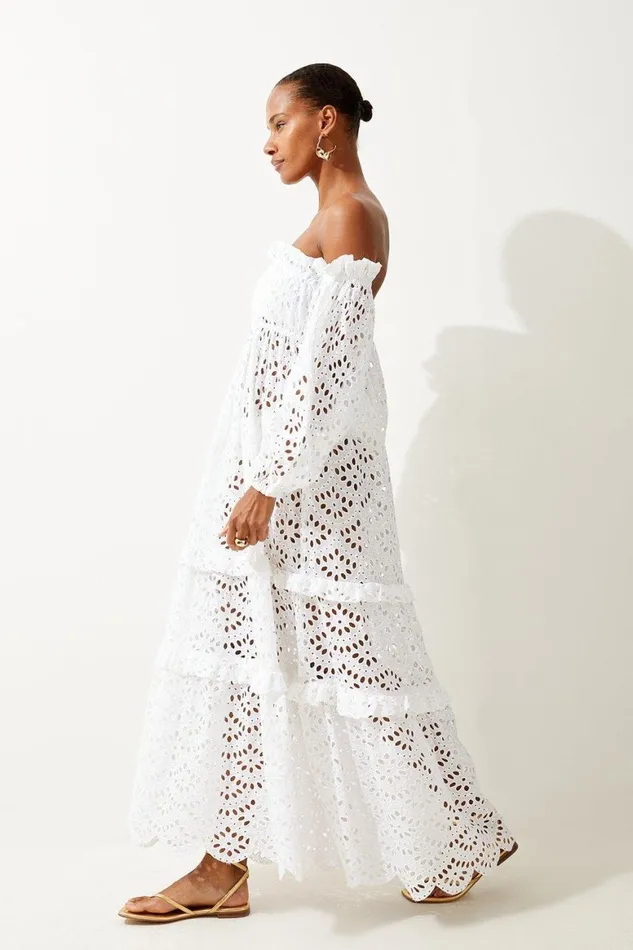 Dresses Women Karen Millen Off Shoulder Broderie Maxi Beach Woven Dress White