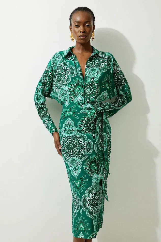 Dresses Women Karen Millen Paisley Printed Morocain Woven Midi Shirt Dress Green