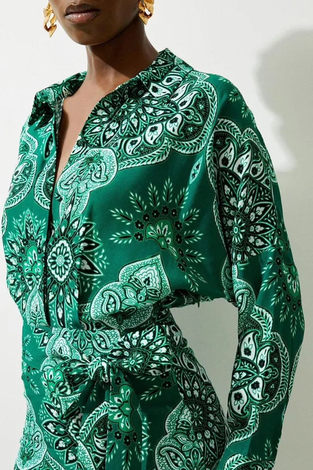 Dresses Women Karen Millen Paisley Printed Morocain Woven Midi Shirt Dress Green