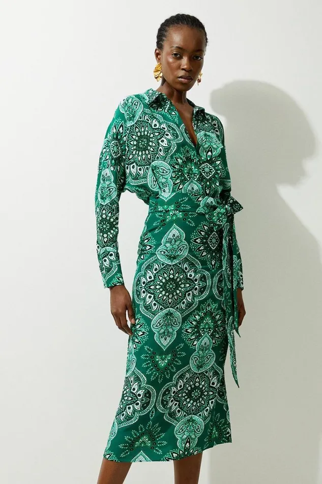 Dresses Women Karen Millen Paisley Printed Morocain Woven Midi Shirt Dress Green