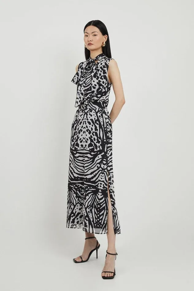 Dresses Women Karen Millen Petite Animal Print Georgette Woven Tie Neck Midi Dress Black