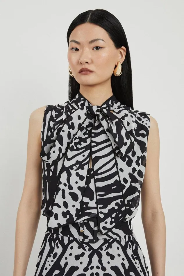 Dresses Women Karen Millen Petite Animal Print Georgette Woven Tie Neck Midi Dress Black