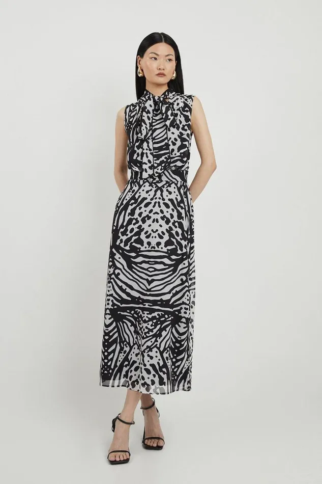 Dresses Women Karen Millen Petite Animal Print Georgette Woven Tie Neck Midi Dress Black