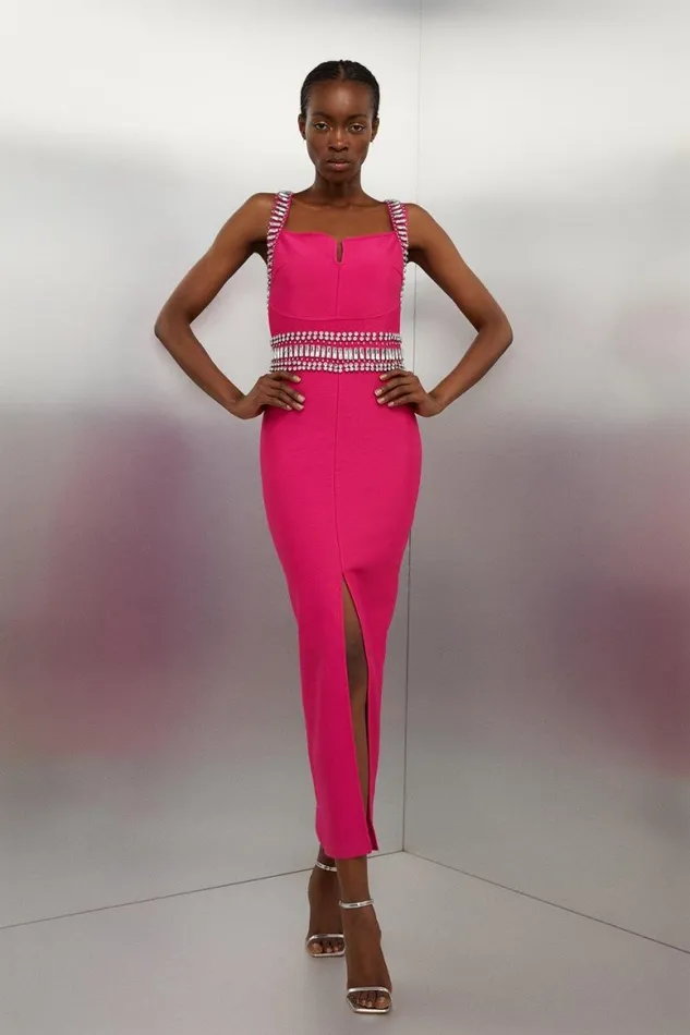 Dresses Women Karen Millen Petite Bandage Figure Form Knit Embellished Maxi Dress Fuchsia