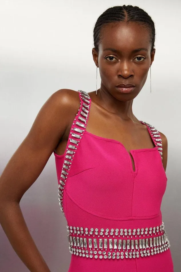 Dresses Women Karen Millen Petite Bandage Figure Form Knit Embellished Maxi Dress Fuchsia