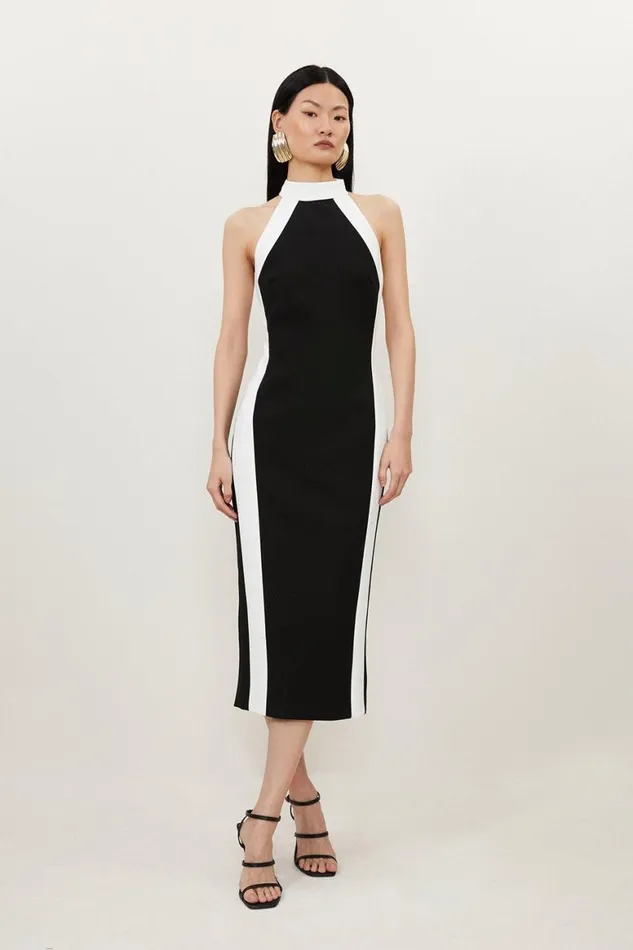Dresses Women Karen Millen Petite Compact Stretch Contrast Halter Neck Midi Dress Black