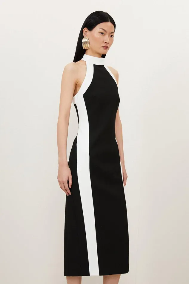 Dresses Women Karen Millen Petite Compact Stretch Contrast Halter Neck Midi Dress Black