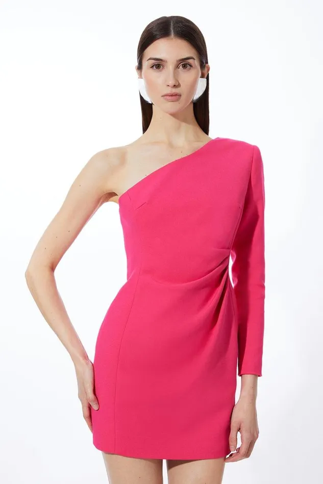 Dresses Women Karen Millen Petite Compact Stretch One Shoulder Pleated Waist Mini Dress Pink