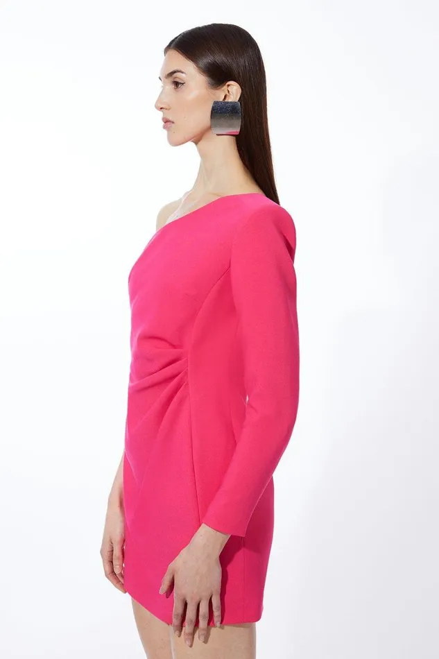 Dresses Women Karen Millen Petite Compact Stretch One Shoulder Pleated Waist Mini Dress Pink