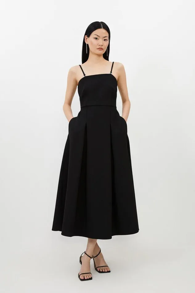 Dresses Women Karen Millen Petite Compact Stretch Tailored Bandeau Full Skirt Midi Dress Black