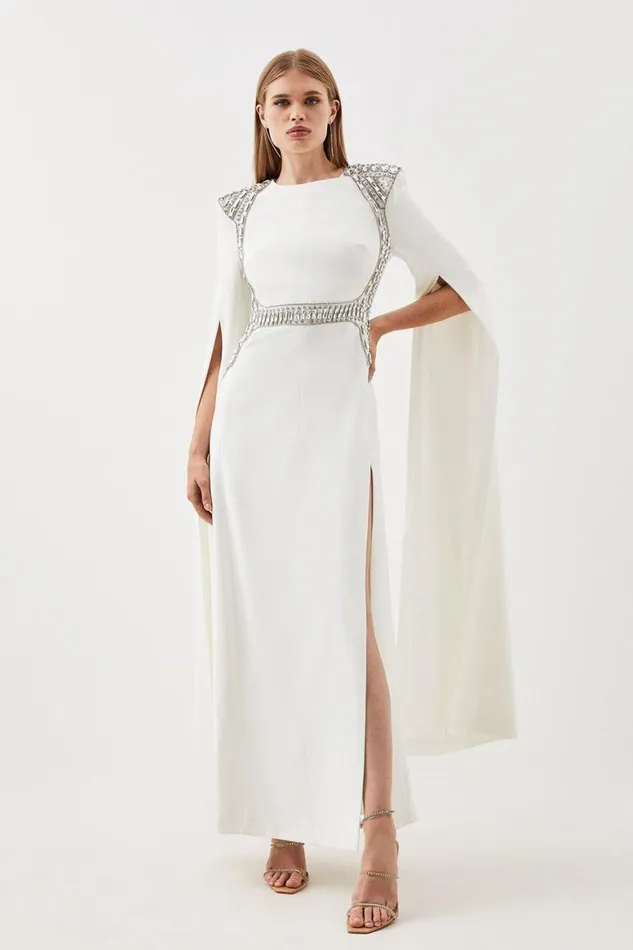 Dresses Women Karen Millen Petite Embellished Caddy Cape Sleeve Woven Maxi Dress Ivory